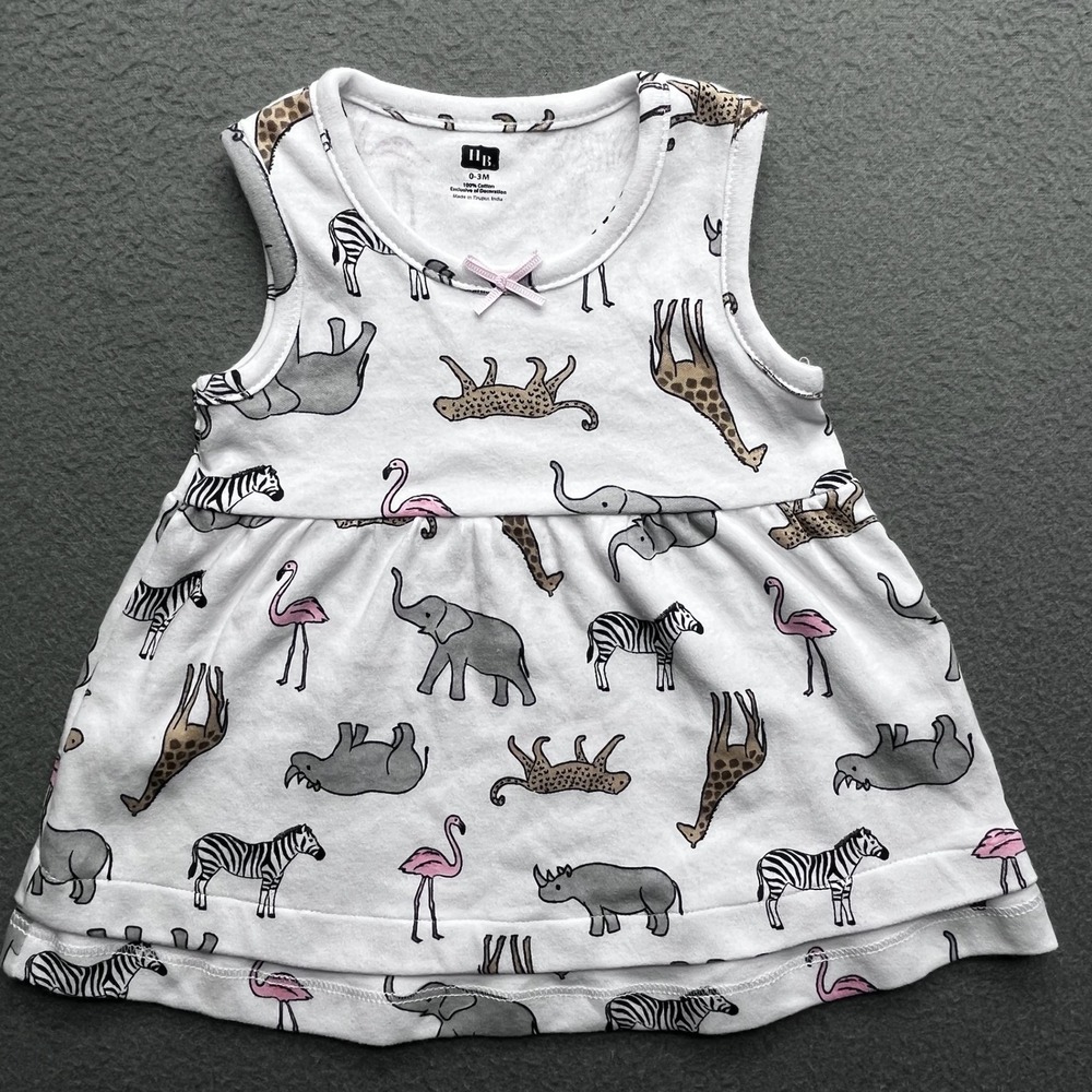 HB Baby Girl Dress Cotton Safari Animal Print 0-3M Whimsical Sleeveless White